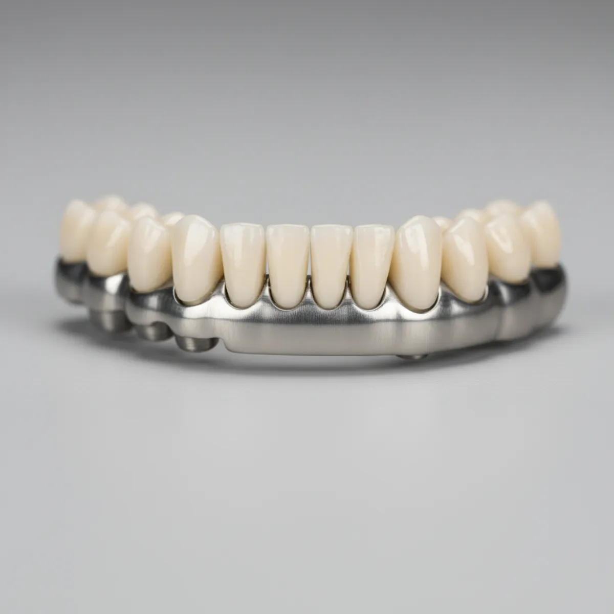 A full-arch dental implant prosthesis — a row of teeth fixed on a titanium bar
