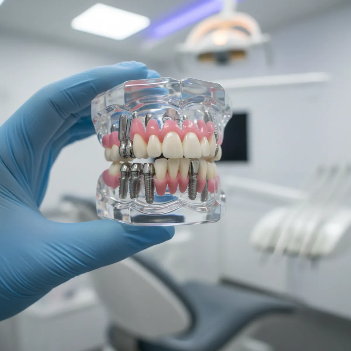 A dental model of a lower jaw fitted with four titanium implants